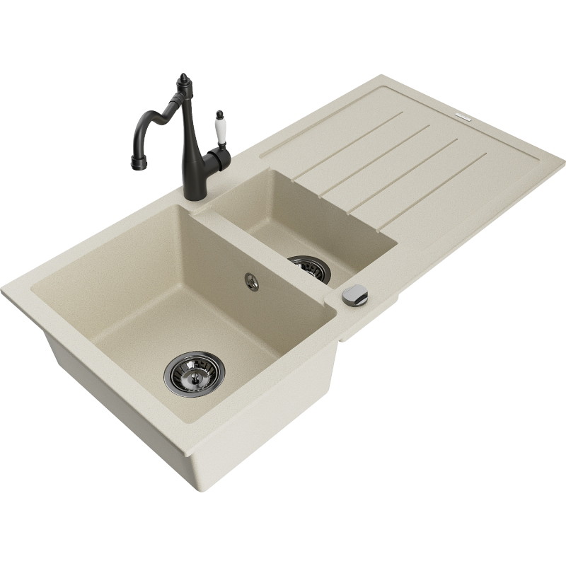 Mexen Andres évier en granit 1,5 cuves avec égouttoir et robinet de cuisine Carla, beige - 6515-69-670700-70