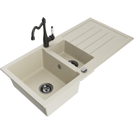 Mexen Andres évier en granit 1,5 cuves avec égouttoir et robinet de cuisine Carla, beige - 6515-69-670700-70
