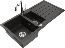 Mexen Andres évier en granit 1,5 bac avec égouttoir et robinet de cuisine Carla, noir/or métallisé - 6515-75-670700-00