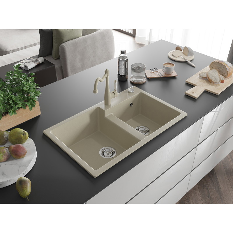 Mexen Tomas évier en granit 2 bacs avec robinet de cuisine Carla, beige - 6516-69-670700-69
