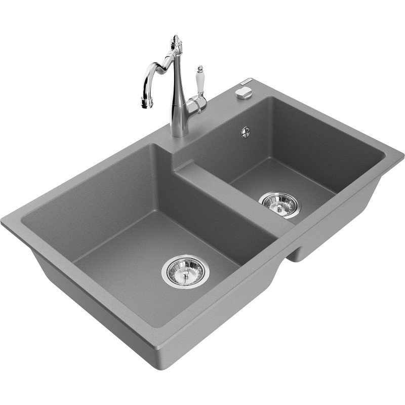 Mexen Tomas évier en granit 2 bacs avec robinet de cuisine Carla, gris - 6516-71-670700-00