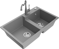Mexen Tomas évier en granit 2 bacs avec robinet de cuisine Carla, gris - 6516-71-670700-71