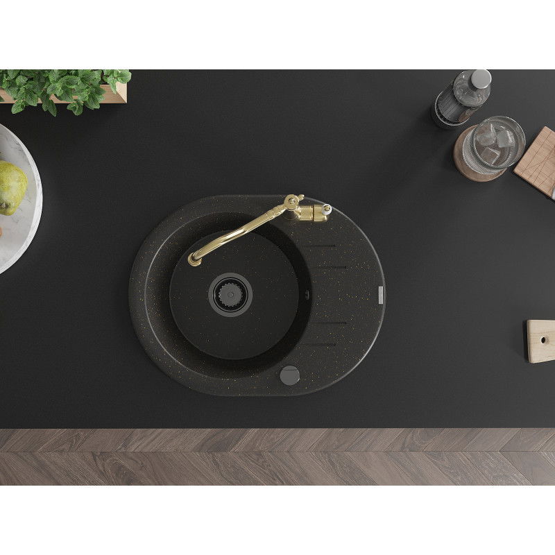 Mexen Kevin évier en granit 1 bac avec égouttoir et robinet de cuisine Carla, noir/doré métallique - 6517-75-670700-50-B