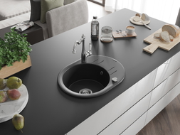 Mexen Kevin évier de cuisine en granit 1 bac avec égouttoir et robinet de cuisine Carla, noir - 6517-77-670700-00