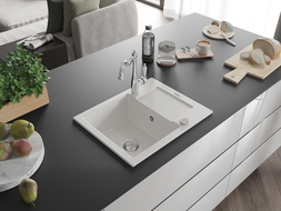 Mexen Enzo évier en granit à 1 bac avec égouttoir et robinet de cuisine Carla, blanc - 6506-20-670700-00