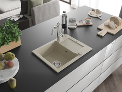 Mexen Enzo évier en granit 1 cuve avec égouttoir et robinet de cuisine Carla, beige - 6506-69-670700-00