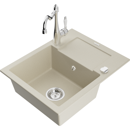Mexen Enzo évier en granit 1 cuve avec égouttoir et robinet de cuisine Carla, beige - 6506-69-670700-00