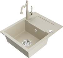 Mexen Enzo évier en granit 1 bac avec égouttoir et robinet de cuisine Carla, beige - 6506-69-670700-69