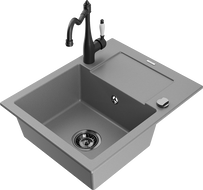 Mexen Enzo évier en granit 1 bac avec égouttoir et robinet de cuisine Carla, gris - 6506-71-670700-70-B