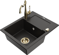 Mexen Enzo évier en granit 1 bac avec égouttoir et mitigeur de cuisine Carla, noir/doré métallisé - 6506-75-670700-50