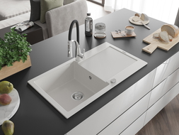 Mexen Leo évier de cuisine en granit 1 bac avec égouttoir et robinet de cuisine Aster, blanc - 6501-20-73450-07