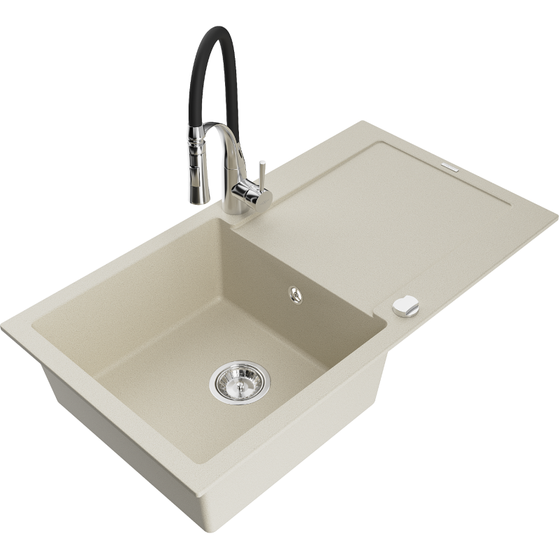 Mexen Leo évier en granit 1 bac avec égouttoir et robinet de cuisine Aster, beige - 6501-69-73450-07