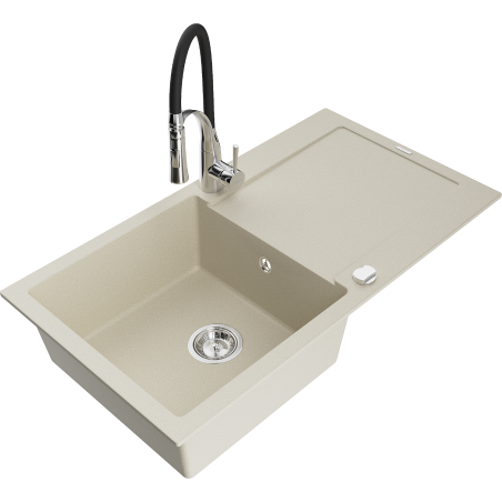 Mexen Leo évier en granit 1 bac avec égouttoir et robinet de cuisine Aster, beige - 6501-69-73450-07