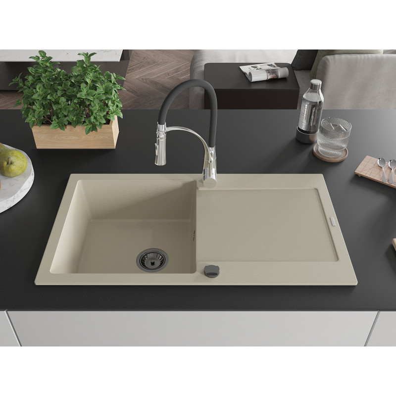 Mexen Leo évier en granit 1 bac avec égouttoir et robinet de cuisine Aster, beige - 6501-69-73450-07-B