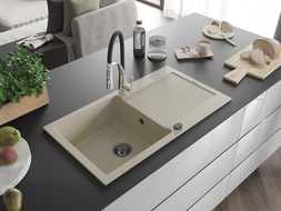 Mexen Leo évier en granit 1 bac avec égouttoir et robinet de cuisine Aster, beige - 6501-69-73450-07-B