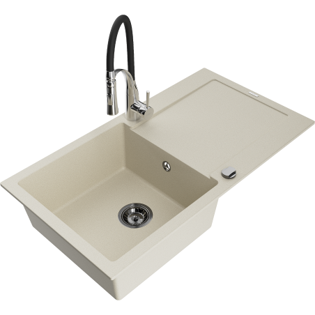 Mexen Leo évier en granit 1 bac avec égouttoir et robinet de cuisine Aster, beige - 6501-69-73450-07-B