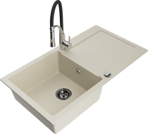 Mexen Leo évier en granit 1 bac avec égouttoir et robinet de cuisine Aster, beige - 6501-69-73450-07-B