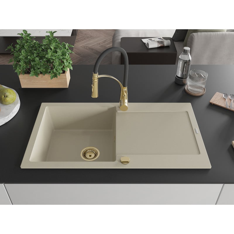 Mexen Leo évier en granit 1 bac avec égouttoir et robinet de cuisine Aster, beige - 6501-69-73450-57-G