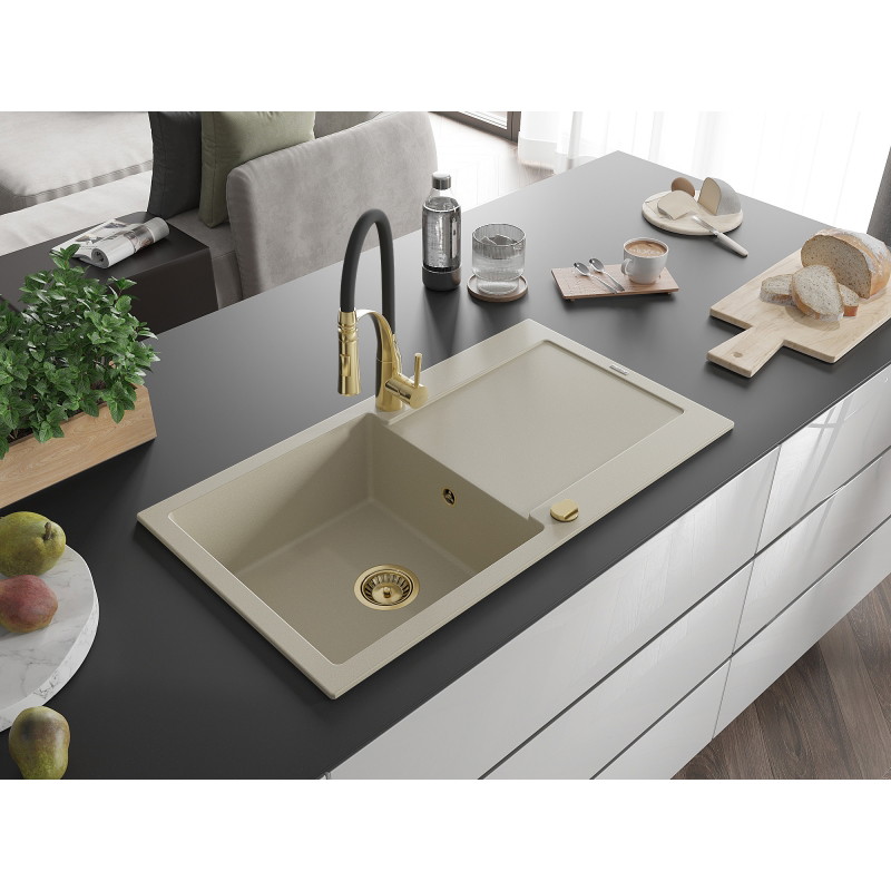 Mexen Leo évier en granit à 1 bac avec égouttoir et robinet de cuisine Aster, beige - 6501-69-73450-57-G