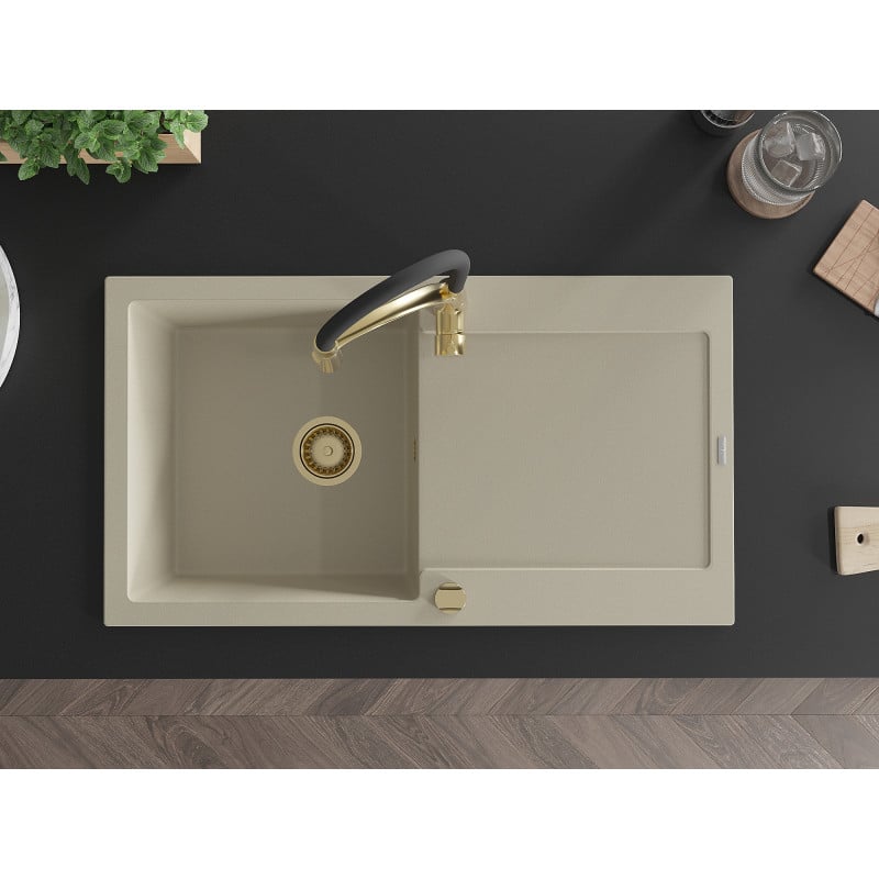 Mexen Leo évier en granit 1 bac avec égouttoir et robinet de cuisine Aster, beige - 6501-69-73450-57-G