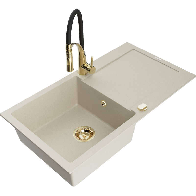 Mexen Leo évier de cuisine granit 1 bac avec égouttoir et robinetterie Aster, beige - 6501-69-73450-57-G
