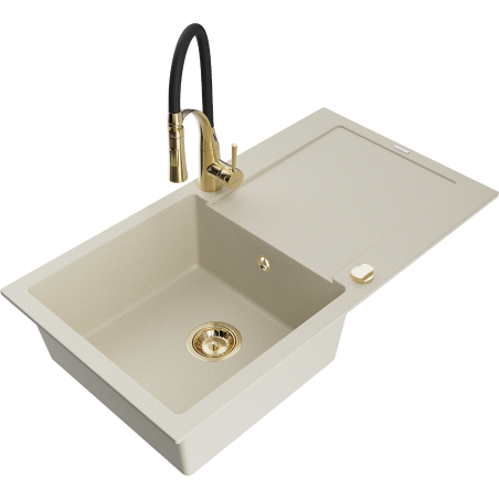 Mexen Leo évier de cuisine granit 1 bac avec égouttoir et robinetterie Aster, beige - 6501-69-73450-57-G