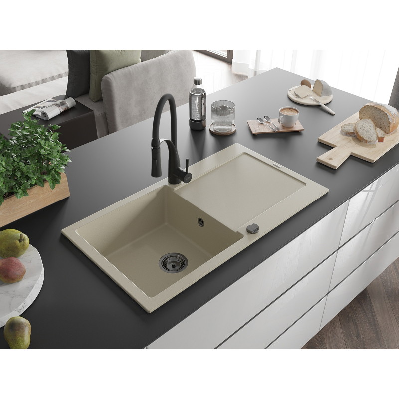 Mexen Leo évier en granit 1 bac avec égouttoir et robinet de cuisine Aster, beige - 6501-69-73450-70-B