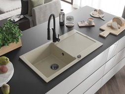 Mexen Leo évier en granit 1 cuve avec égouttoir et robinet de cuisine Aster, beige - 6501-69-73450-70-B
