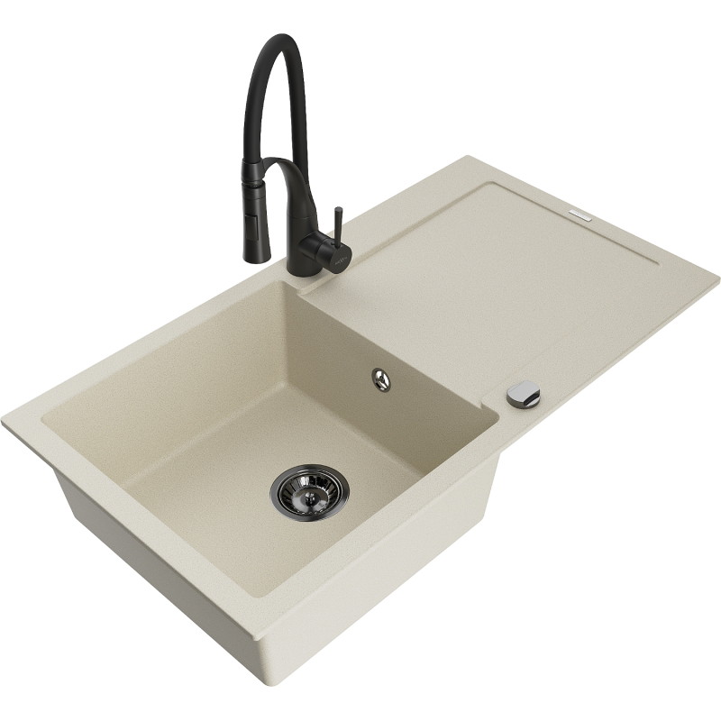 Mexen Leo évier en granit 1 bac avec égouttoir et robinet de cuisine Aster, beige - 6501-69-73450-70-B
