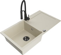 Mexen Leo évier en granit 1 cuve avec égouttoir et robinet de cuisine Aster, beige - 6501-69-73450-70-B