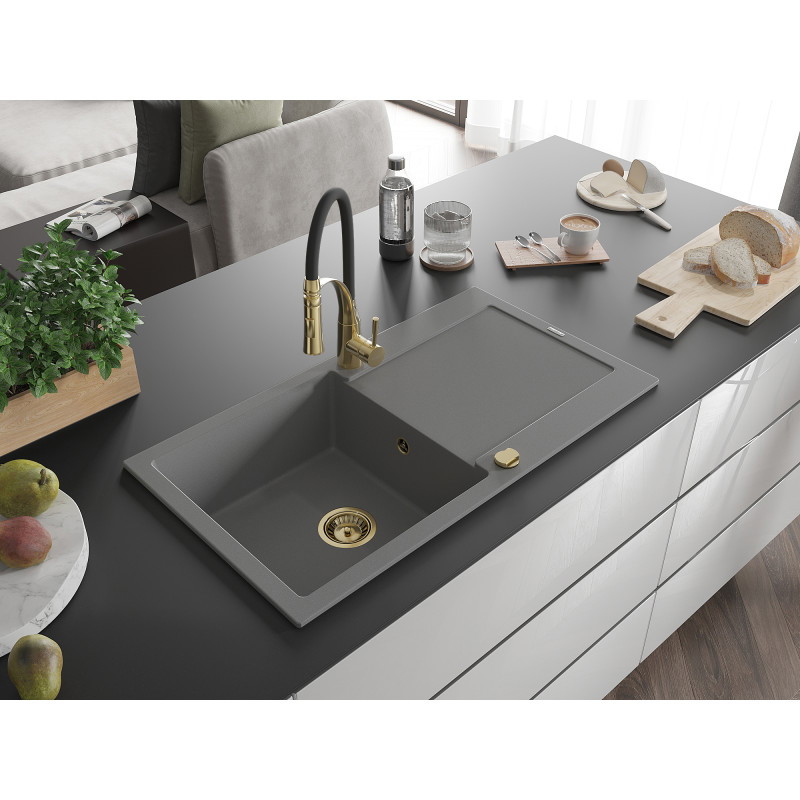 Mexen Leo évier en granit 1 bac avec égouttoir et robinet de cuisine Aster, gris - 6501-71-73450-57-G