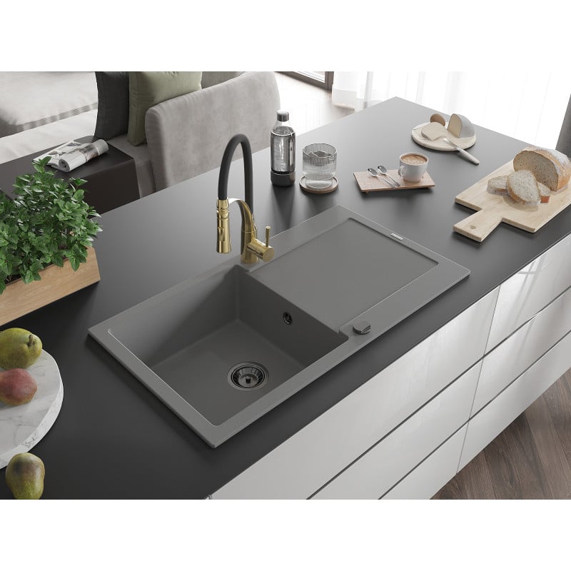 Mexen Leo évier en granit 1-bassin avec égouttoir et robinet de cuisine Aster, gris - 6501-71-73450-57-B