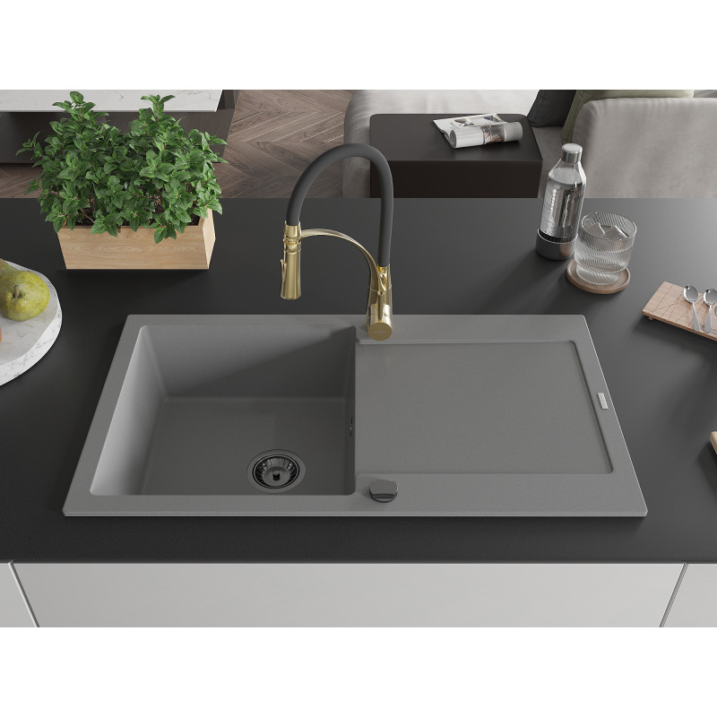 Mexen Leo évier en granit 1-bassin avec égouttoir et robinet de cuisine Aster, gris - 6501-71-73450-57-B