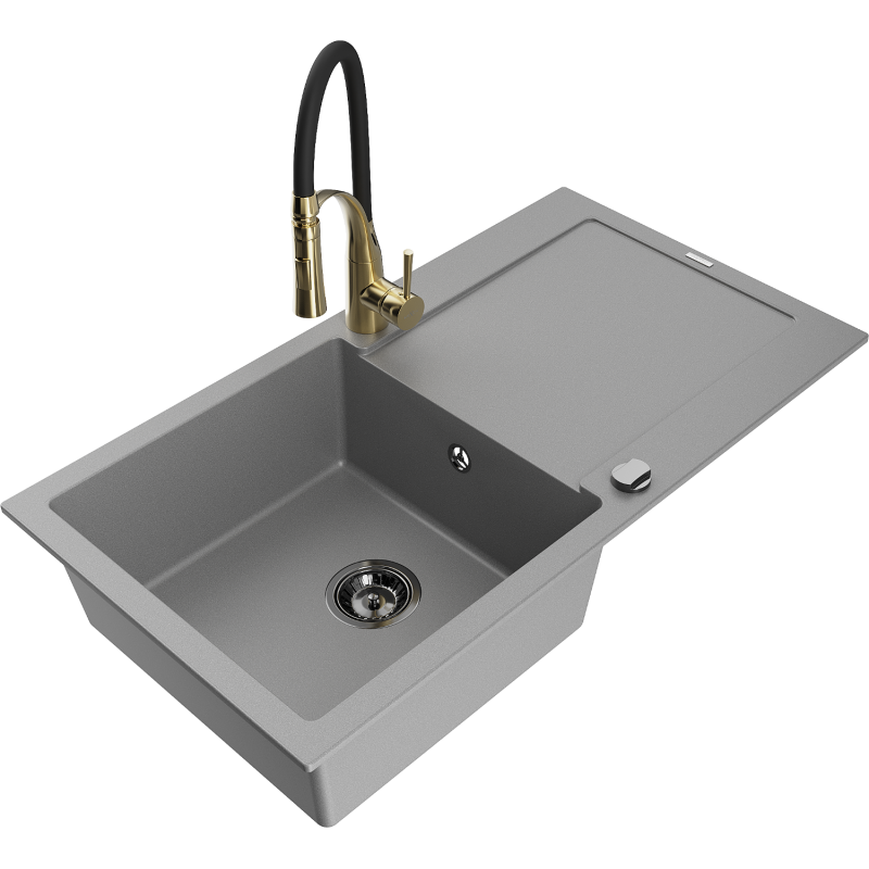Mexen Leo évier en granit 1-bassin avec égouttoir et robinet de cuisine Aster, gris - 6501-71-73450-57-B