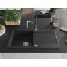 Mexen Leo évier en granit 1 bac avec égouttoir et robinet de cuisine Aster, noir/métallisé argenté - 6501-73-73450-07
