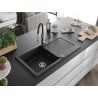 Mexen Leo évier en granit 1 bac avec égouttoir et robinet de cuisine Aster, noir/métallisé argenté - 6501-73-73450-07
