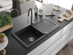 Mexen Leo évier en granit 1 bac avec égouttoir et robinet de cuisine Aster, noir/argent métallisé - 6501-73-73450-07