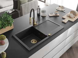 Mexen Leo évier en granit 1-bassin avec égouttoir et robinet de cuisine Aster, noir/argent métallisé - 6501-73-73450-57-G