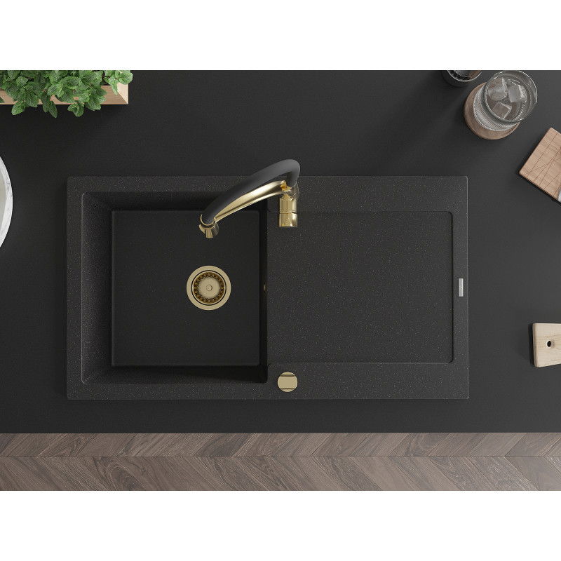 Mexen Leo évier en granit à 1 bac avec égouttoir et mitigeur de cuisine Aster, noir/métallique argenté - 6501-73-73450-57-G