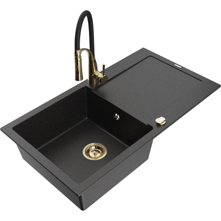 Mexen Leo évier en granit 1-bassin avec égouttoir et robinet de cuisine Aster, noir/argent métallisé - 6501-73-73450-57-G
