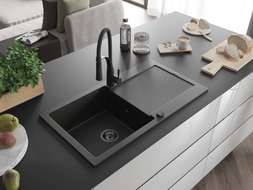 Mexen Leo évier en granit 1 bac avec égouttoir et robinet de cuisine Aster, noir/métallisé doré - 6501-75-73450-70-B