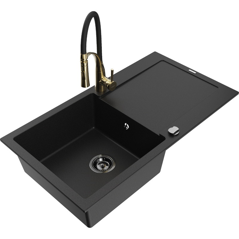 Mexen Leo évier en granit 1-bassin avec égouttoir et robinet de cuisine Aster, noir - 6501-77-73450-57-B