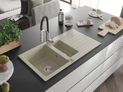 Mexen Matias évier en granit 1,5-bac avec égouttoir et robinet de cuisine Aster, beige - 6502-69-73450-07