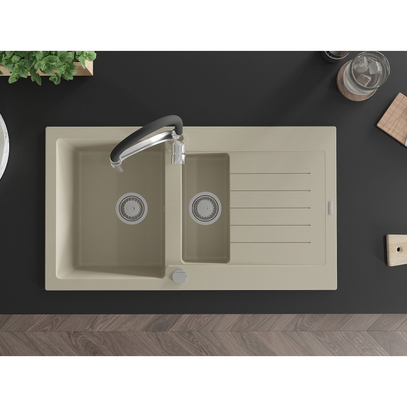 Mexen Matias évier en granit 1,5 bac avec égouttoir et mitigeur de cuisine Aster, beige - 6502-69-73450-07