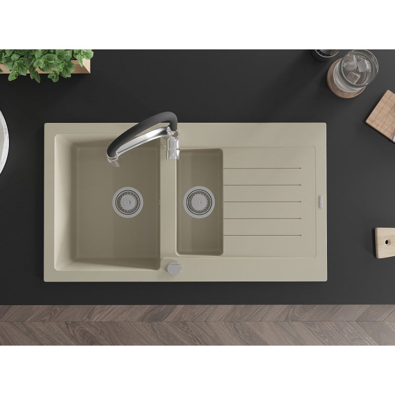 Mexen Matias évier en granit 1,5-bassin avec égouttoir et robinet de cuisine Aster, beige - 6502-69-73450-07
