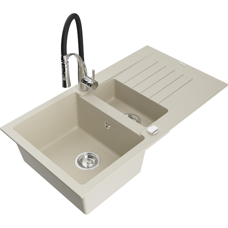 Mexen Matias évier en granit 1,5 bac avec égouttoir et mitigeur de cuisine Aster, beige - 6502-69-73450-07