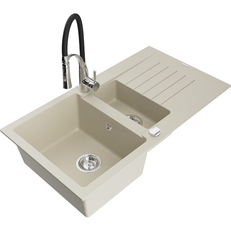 Mexen Matias évier en granit 1,5-bac avec égouttoir et robinet de cuisine Aster, beige - 6502-69-73450-07