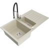 Mexen Matias évier en granit 1,5-bassin avec égouttoir et robinet de cuisine Aster, beige - 6502-69-73450-07