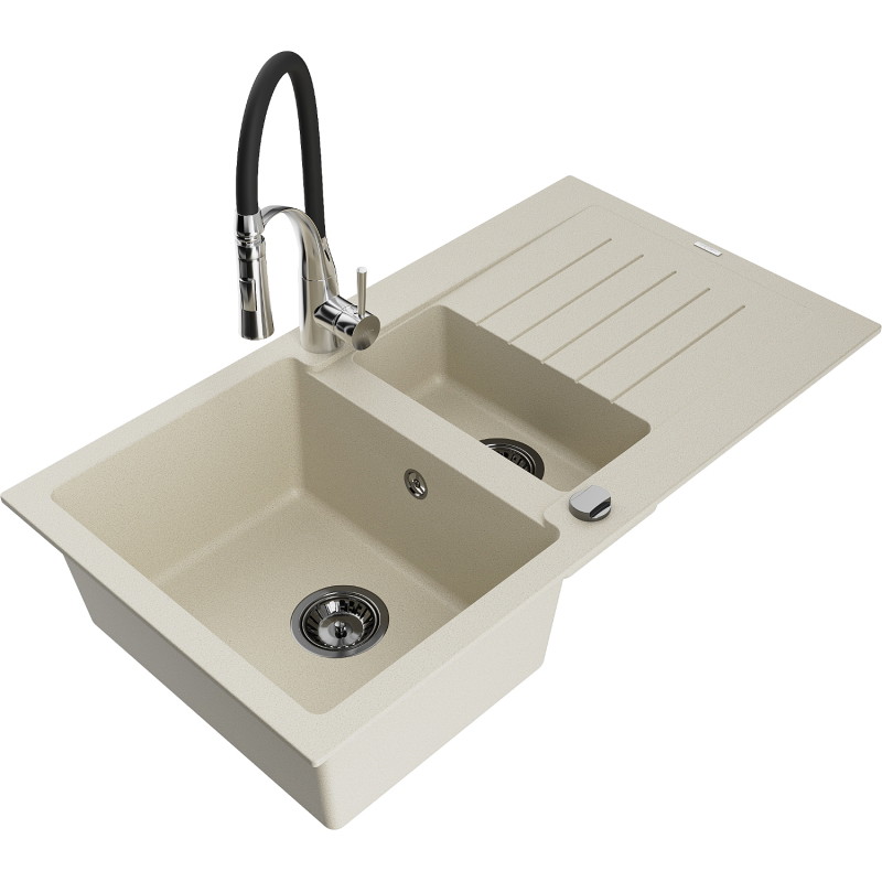 Mexen Matias évier granit 1,5 bac avec égouttoir et robinet de cuisine Aster, beige - 6502-69-73450-07-B