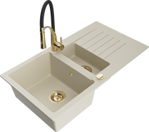 Mexen Matias évier en granit 1,5 bac avec égouttoir et robinet de cuisine Aster, beige - 6502-69-73450-57-G